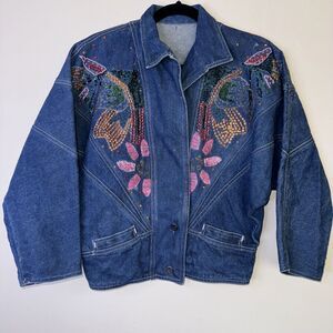 Vintage 80s JOUJOU Denim Beaded Jean Jacket Floral Dolman Statement  RARE S / M